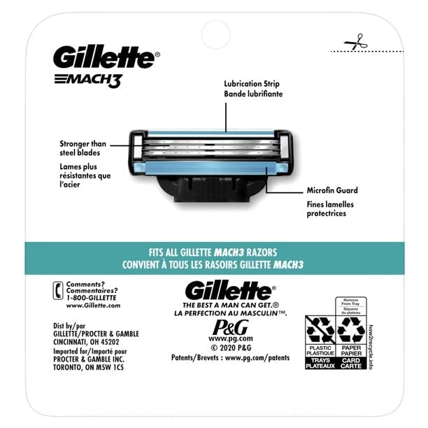 Gillette MACH 3 blades 4 pack packaging back showing cartridge with lubrication strip microfin guard and labeling
