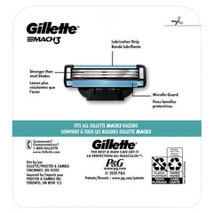 Gillette MACH 3 blades 4 pack packaging back showing cartridge with lubrication strip microfin guard and labeling