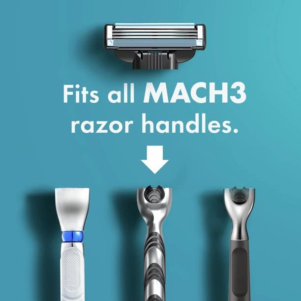 Gillette MACH 3 blades 4 pack showing razor cartridge above three compatible razor handles with arrow on teal background
