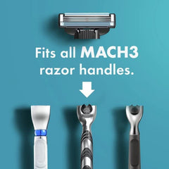 Gillette MACH 3 blades 4 pack showing razor cartridge above three compatible razor handles with arrow on teal background