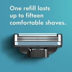 Close up of Gillette MACH 3 blades 4 pack razor cartridge on teal background with text one refill lasts up to fifteen shaves