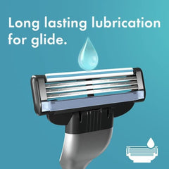 Close up of Gillette MACH 3 blades pack of 4 razor cartridge showing lubrication strip droplet