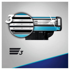 Gillette MACH 3 blades pack of 4 razor cartridge close up showing three blades and lubricating strip
