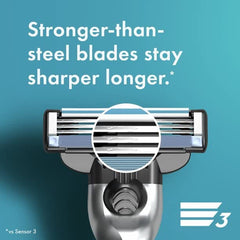 Gillette MACH 3 blades pack of 4 close up of razor head showing three blades and stronger than steel claim