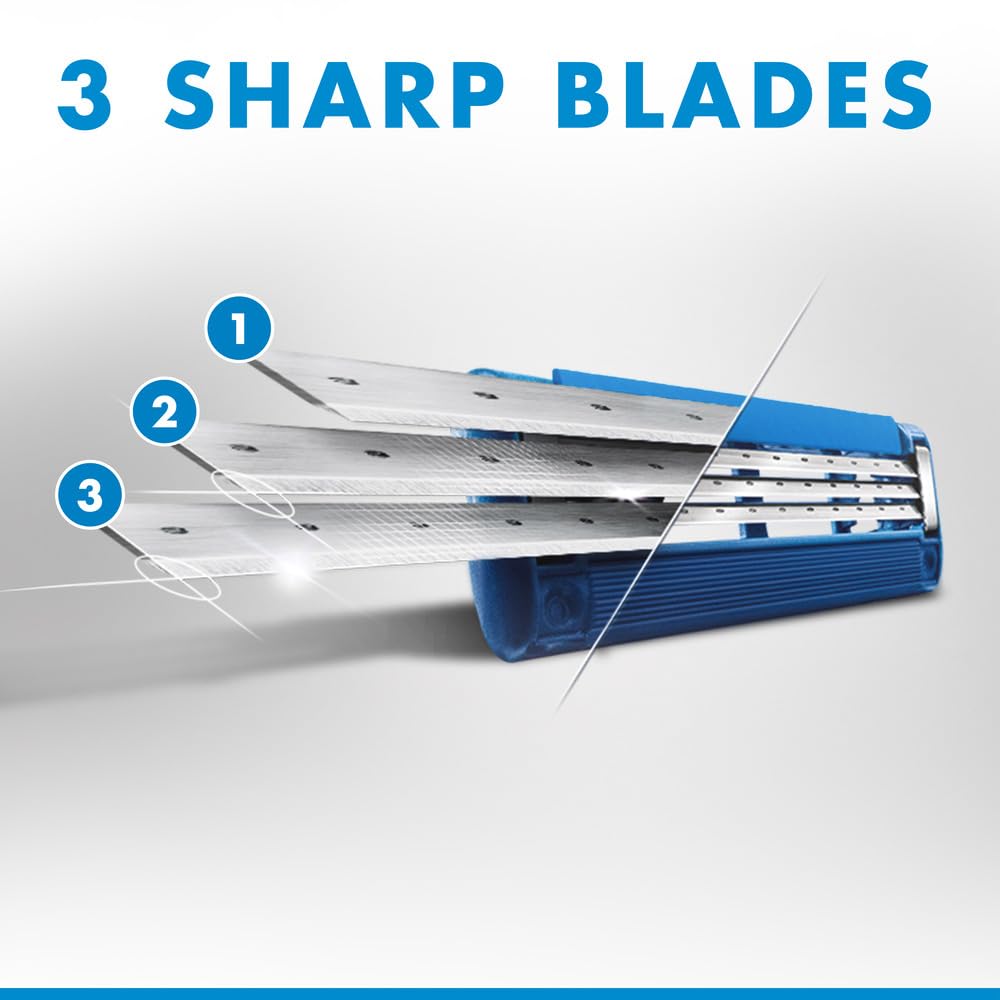 Gillette Mach3 Turbo men's razor cartridge showing three sharp stainless steel blades and blue lubricating strip
