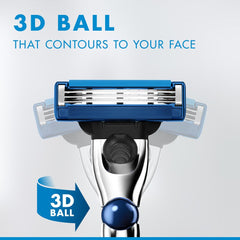 Close up of Gillette Mach3 Turbo men's razor showing blue pivoting 3D ball head that contours to face