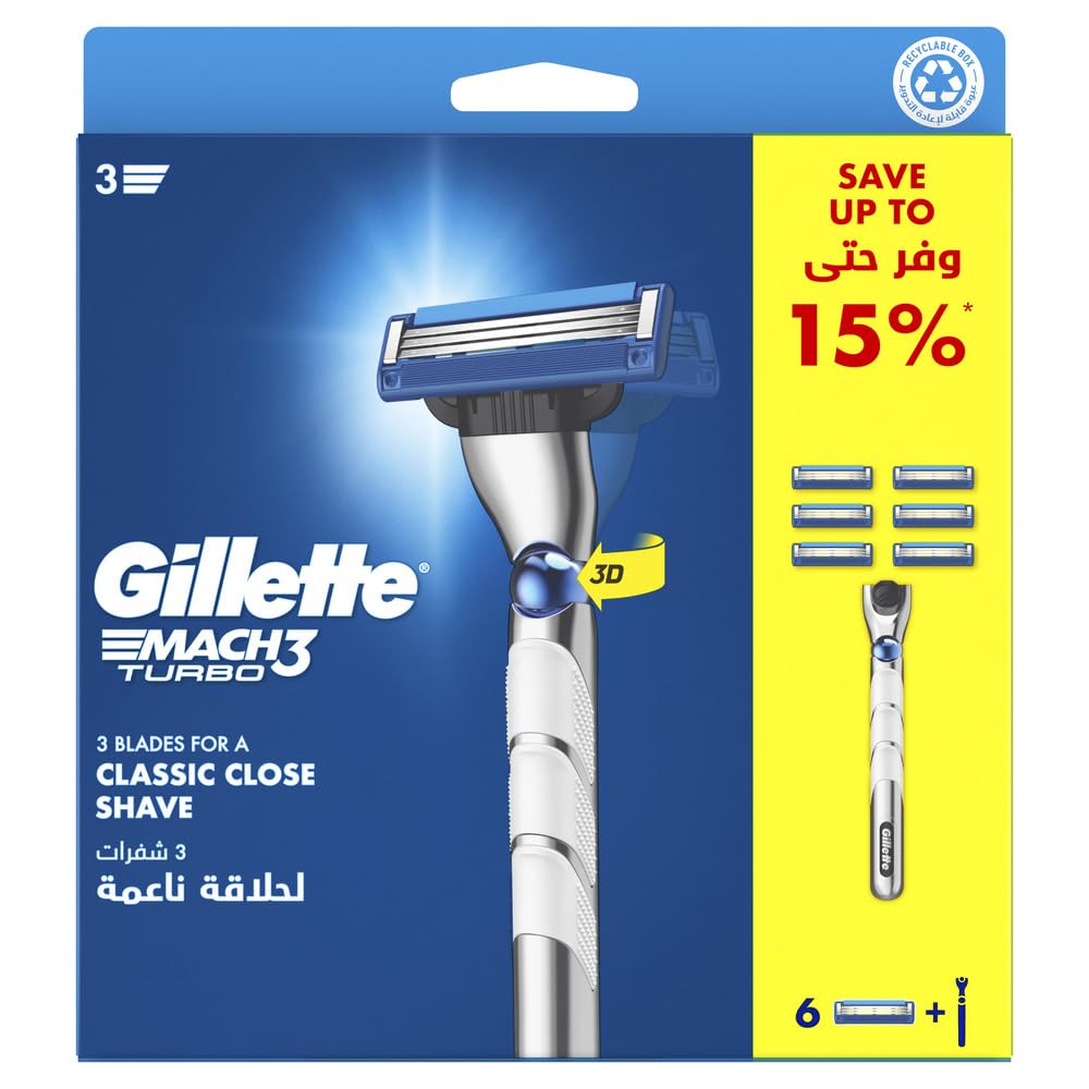 Gillette Mach3 Turbo men's razor packaging showing silver and blue handle with three blade cartridge and extra blades
