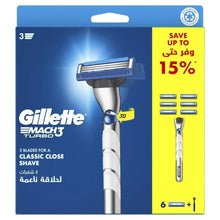 Refillable men's razor with blue handle and cartridge blades in retail box