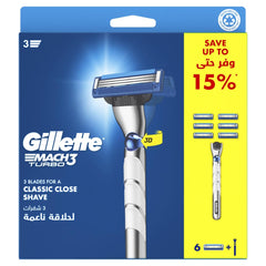 Gillette Mach3 Turbo men's razor packaging showing silver and blue handle with three blade cartridge and extra blades