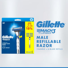 Gillette Mach3 Turbo men's razor refillable pack with one handle and six blade refills in blue box