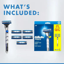 Men's refillable razor set with blue handle and multiple blade refills, flat lay
