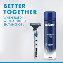 Blue-handled razor with cartridge head beside shaving gel bottle