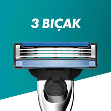 Mach3 Turbo razor cartridge with 3 blade rows and blue backing.