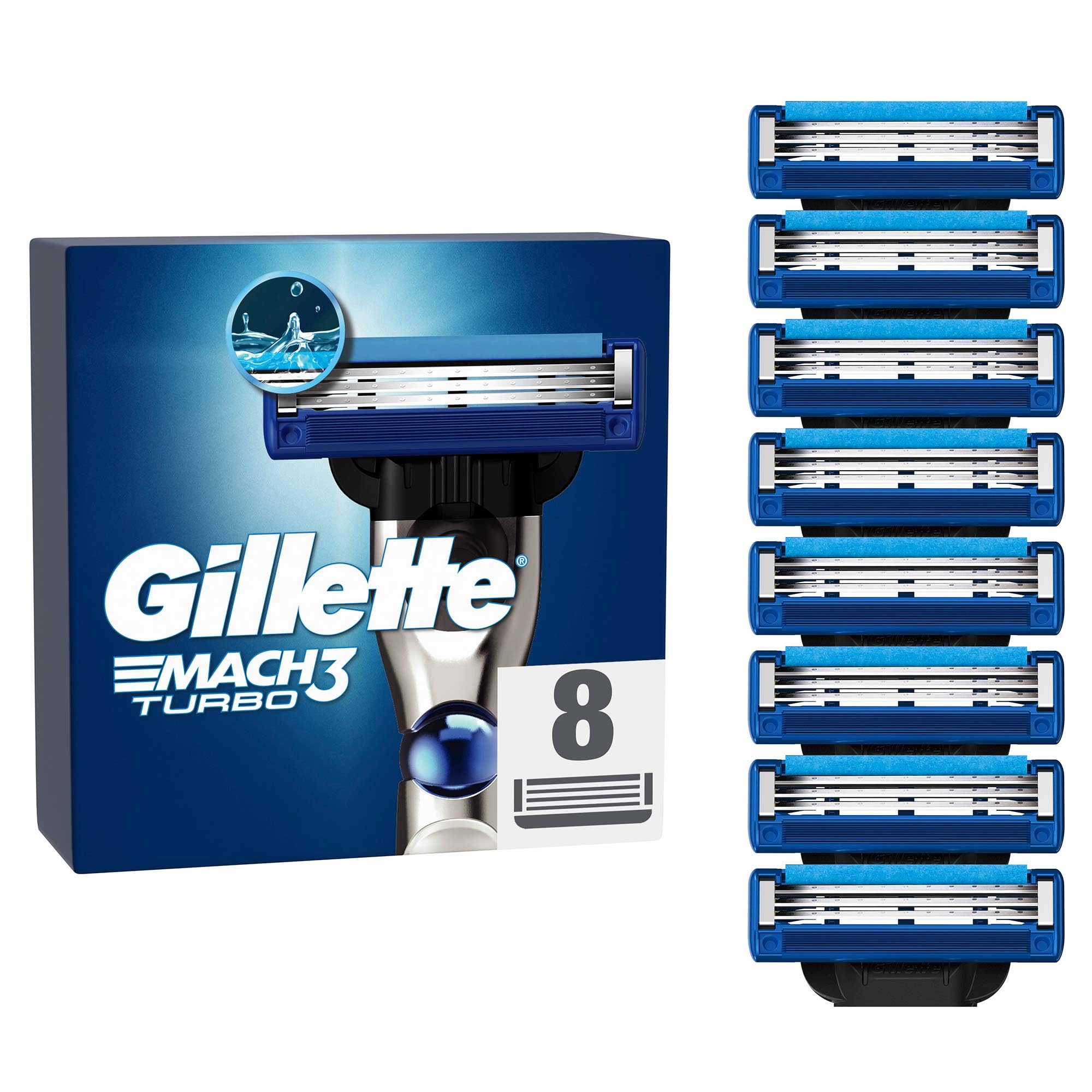 Gillette Mach3 Turbo razor blades 8 pack replacement cartridges with blue lubricating strip displayed