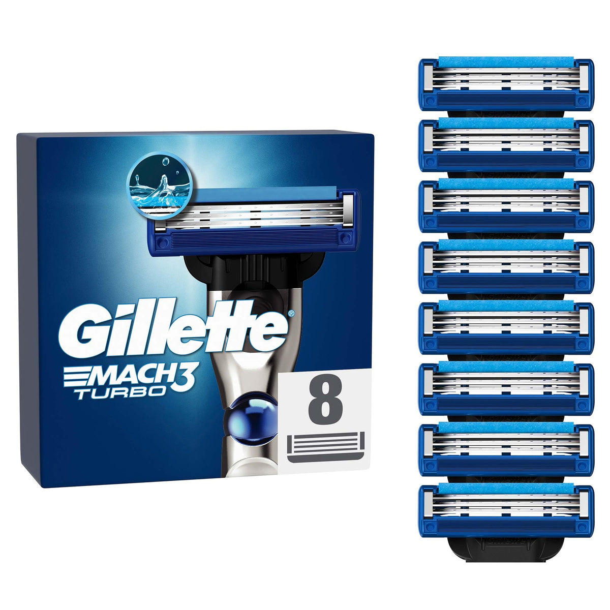Gillette Mach3 Turbo razor blades 8 pack replacement cartridges with blue lubricating strip displayed