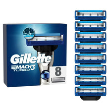 Gillette Mach3 Turbo men's razor blade refills, 8-count cartridge pack.