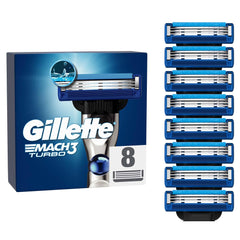 Gillette Mach3 Turbo razor blades 8 pack replacement cartridges with blue lubricating strip displayed