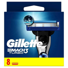 Gillette Mach3 Turbo men's razor blade refill box, 8-count blister pack.