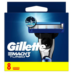 Gillette Mach3 Turbo razor blades. Pack of eight replacement cartridges with three blades per cartridge in blue packaging