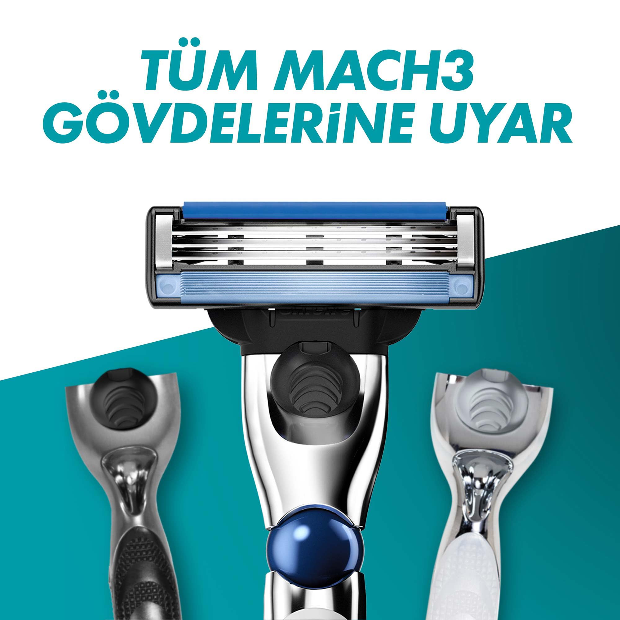Gillette Mach3 Turbo razor blades displayed on razor head with three compatible Mach3 handles