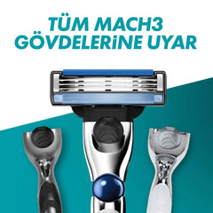 Gillette Mach3 Turbo razor blades displayed on razor head with three compatible Mach3 handles