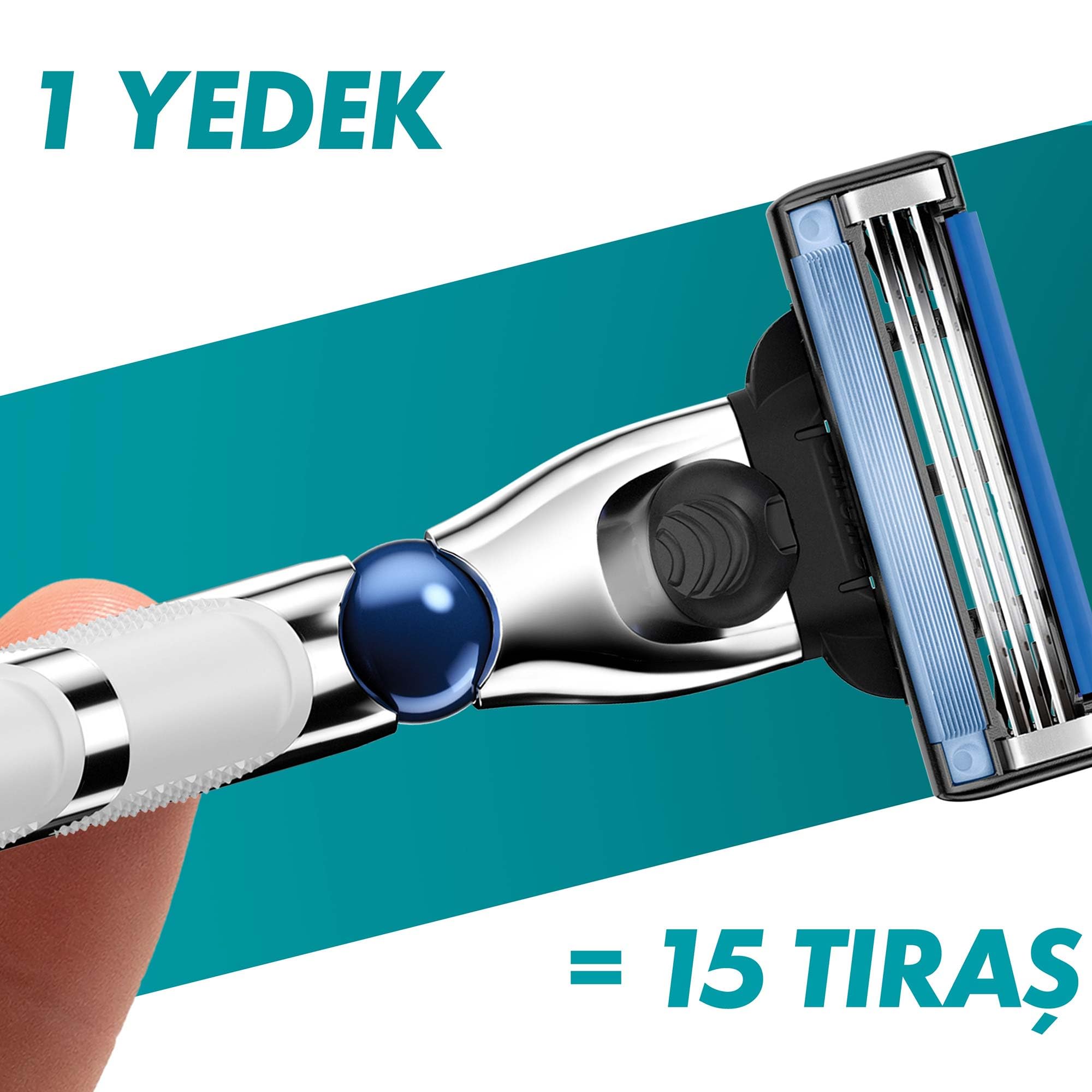 Close up of Gillette Mach3 Turbo razor blades cartridge on chrome handle showing three blades and lubricating strip