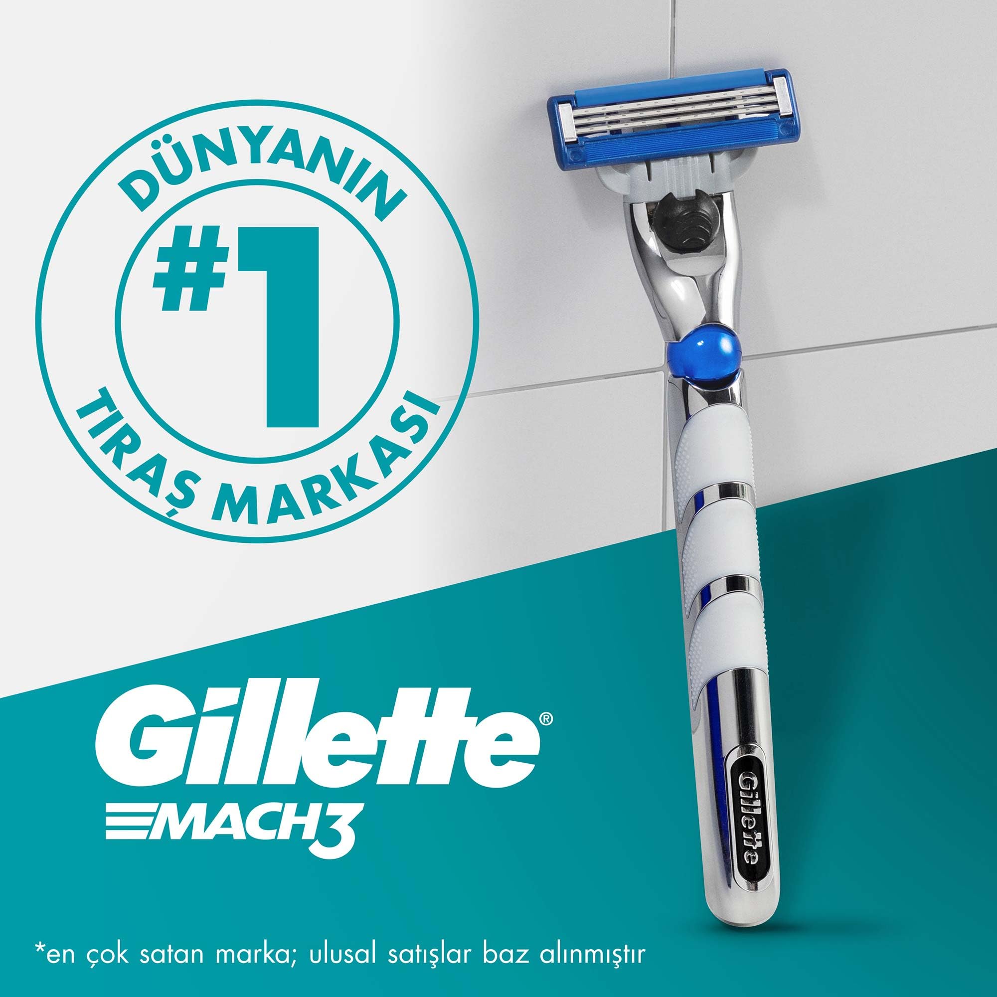 Gillette Mach3 Turbo razor blades shown on Gillette Mach3 handle with blue three blade cartridge for close smooth shave