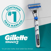 Gillette Mach3 Turbo razor handle with blue cartridge refills.