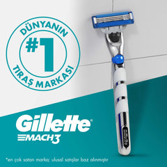 Gillette Mach3 Turbo razor blades shown on Gillette Mach3 handle with blue three blade cartridge for close smooth shave