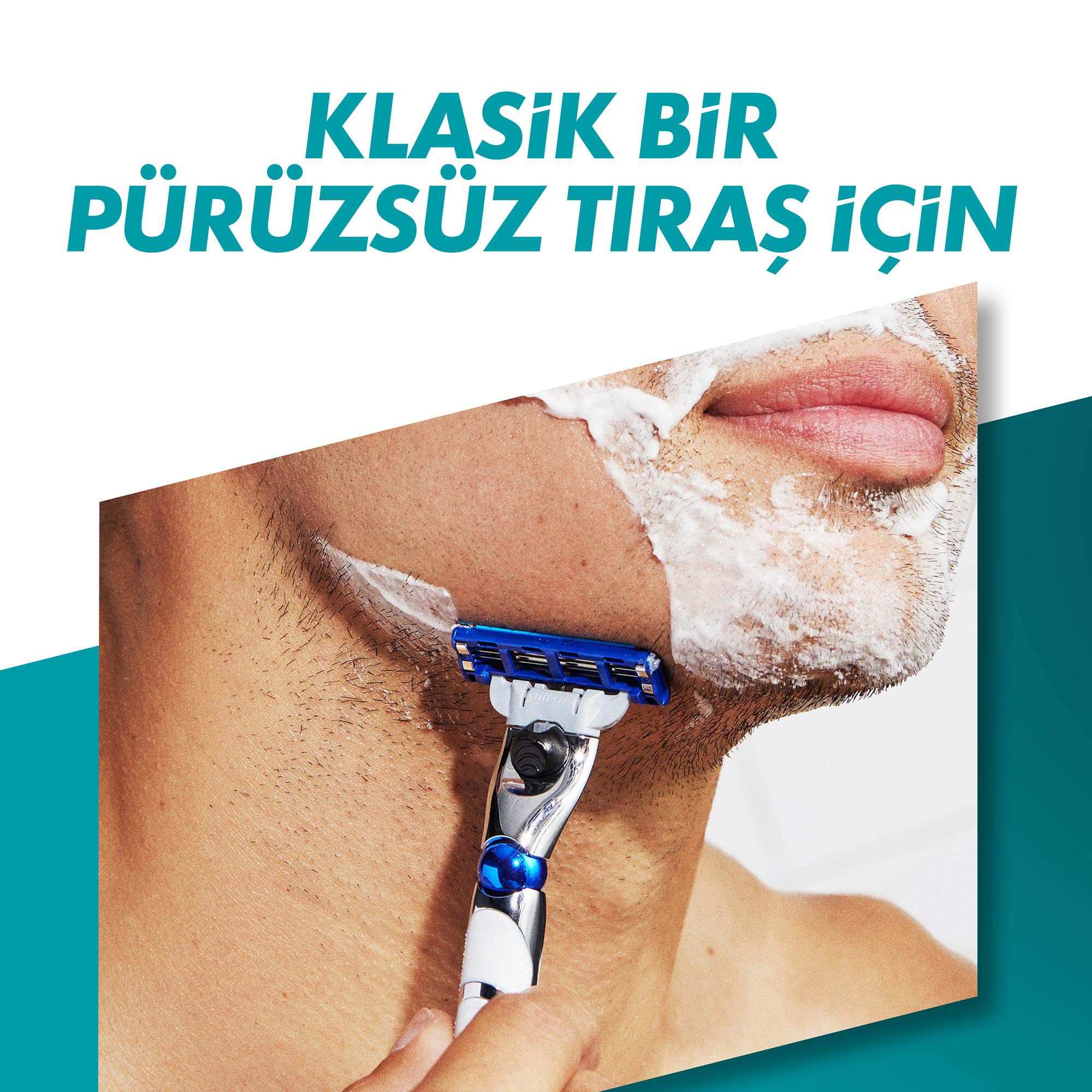 Man shaving with creamy lather using Gillette Mach3 Turbo razor blades on stainless handle for smooth shave