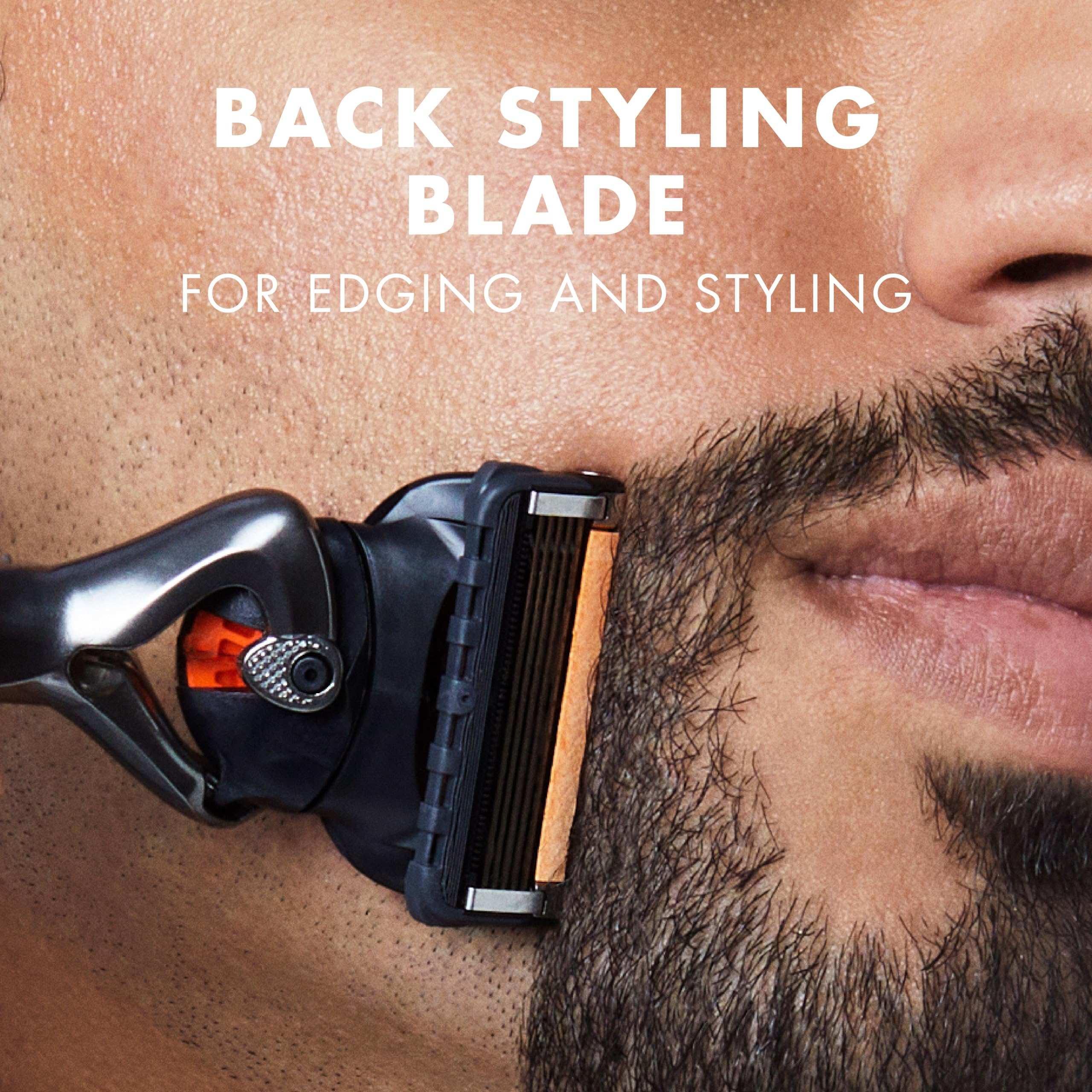 Close up of man edging beard with back styling blade using Gillette ProGlide5 blades 8 count for precise trim