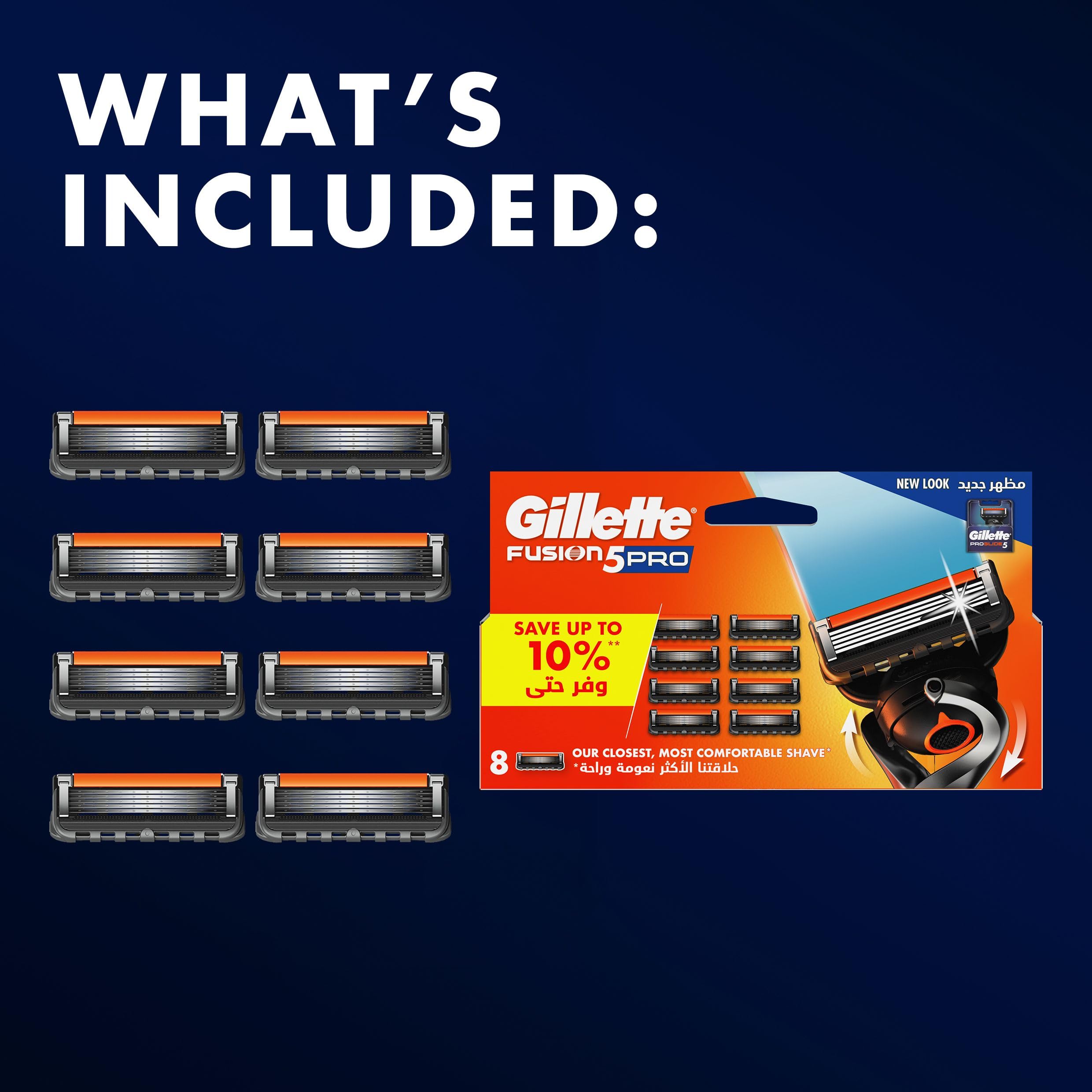 Eight Gillette razor cartridges next to product box on blue background Gillette ProGlide5 blades 8 count