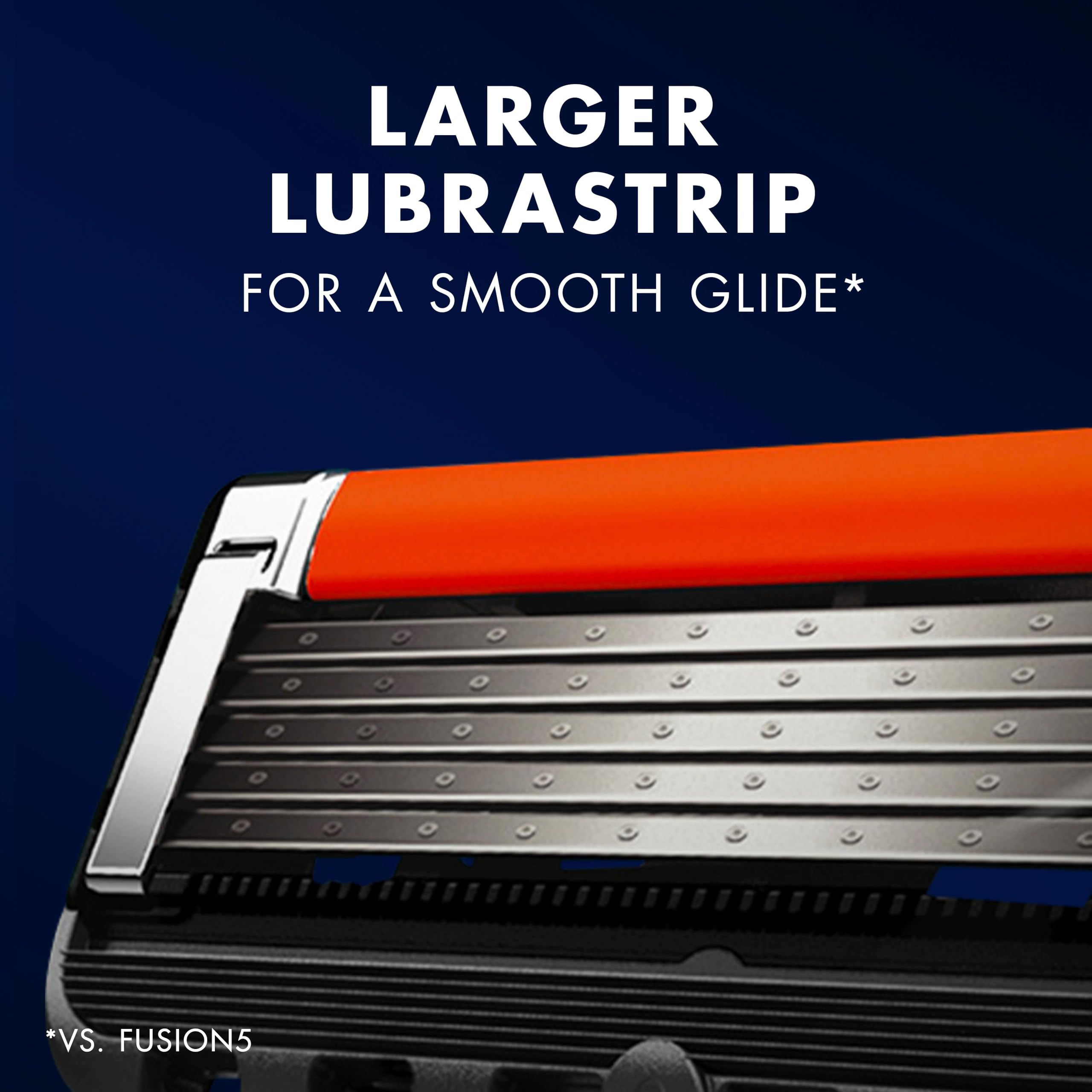 Close up of razor cartridge with orange larger lubrastrip and five blades Gillette ProGlide5 blades 8 count