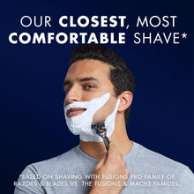 Shaving razor with foam creating a close shave on a man's cheek.