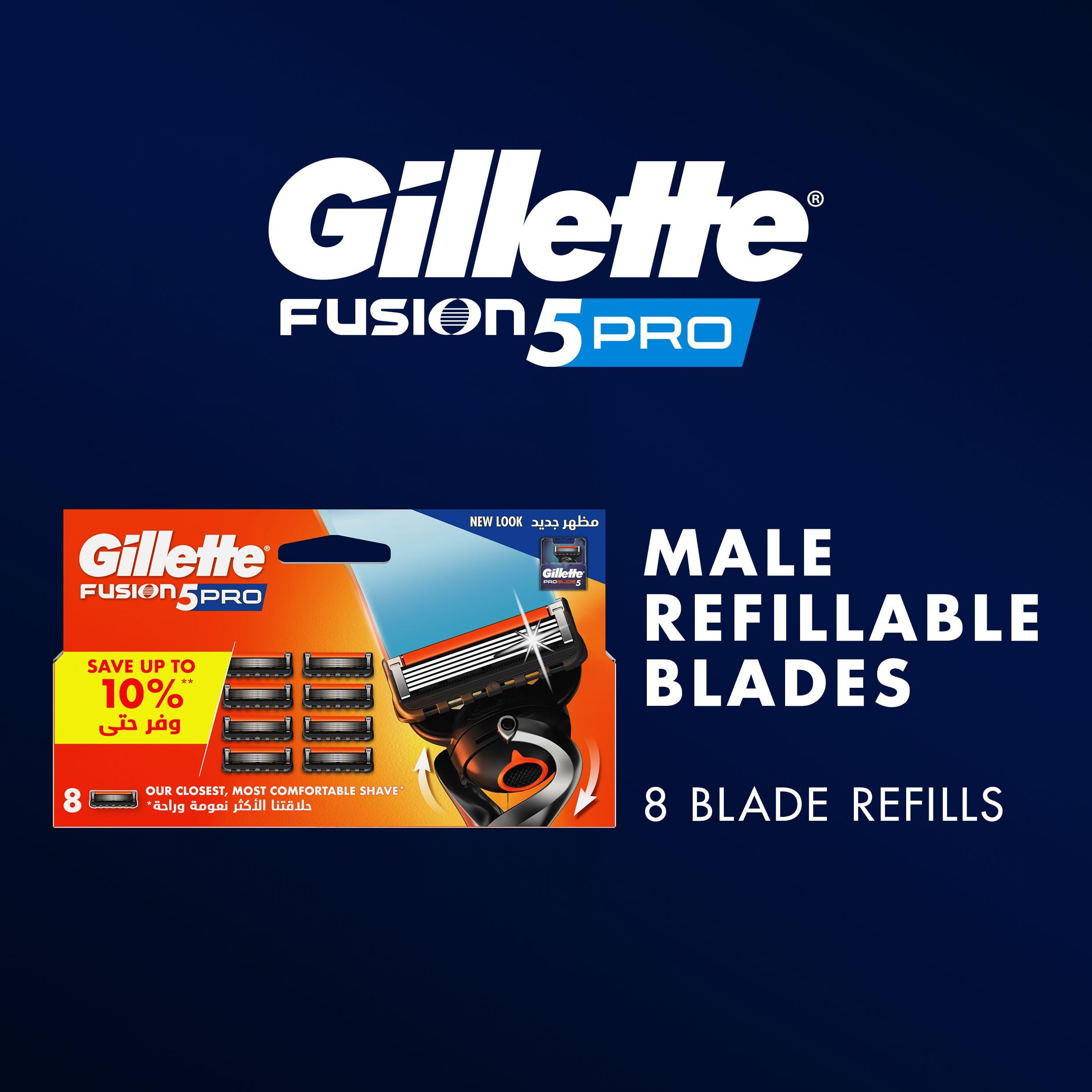Gillette ProGlide5 blades 8 count. Male refillable Fusion5 Pro 8 blade refills in orange blue packaging