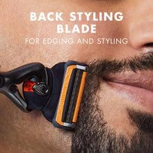 Shaving razor with orange blade cartridge on a man’s beard