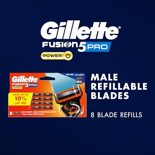 Gillette ProGlide5 Power Blades 8 blade refill pack for men showing Fusion5 Pro razor and packaging