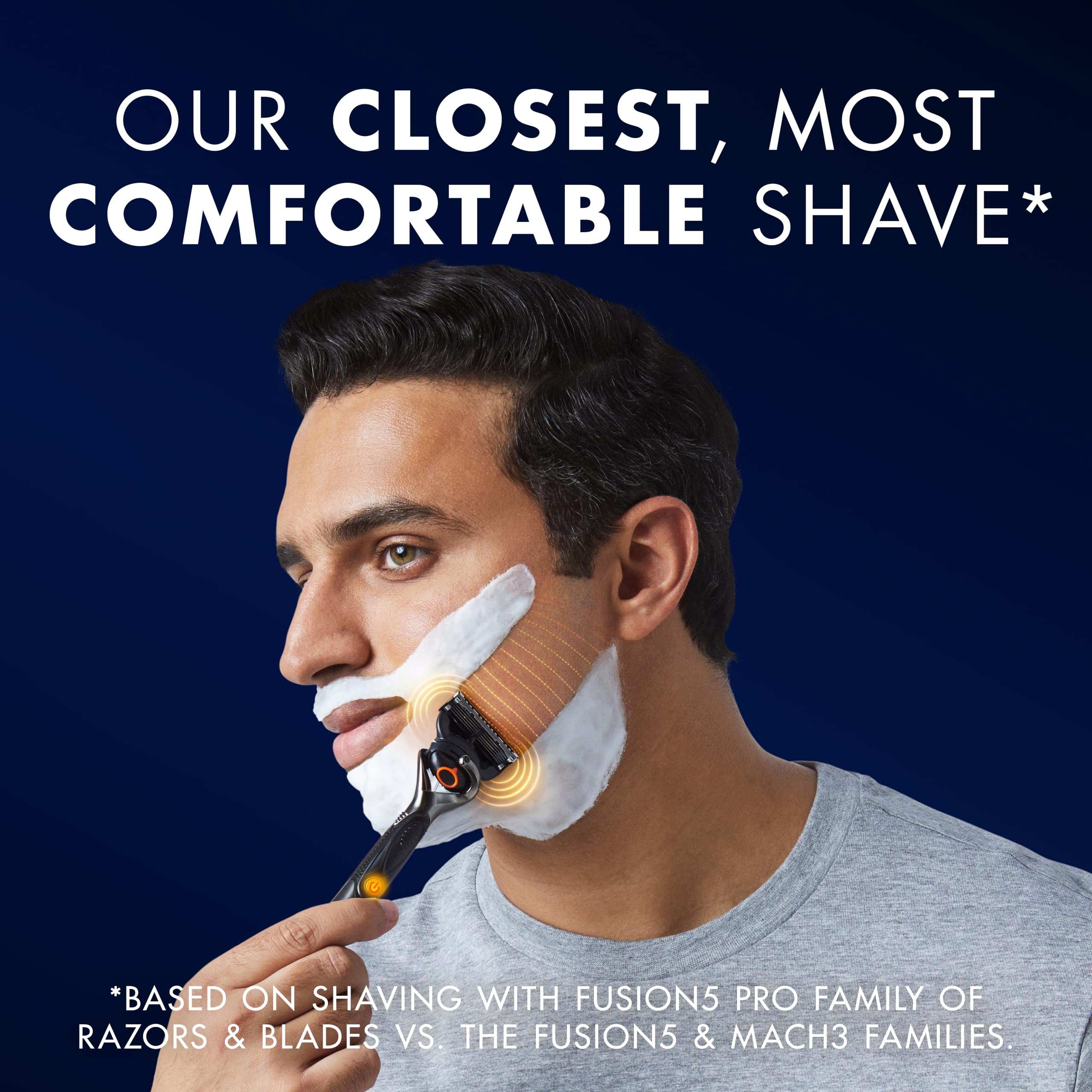 Man shaving with foam using Gillette ProGlide5 Power Blades razor for a close comfortable shave
