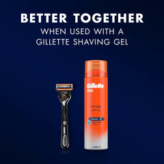 Gillette ProGlide5 Power Blades razor with Gillette Pro icy cool shave gel can on navy background