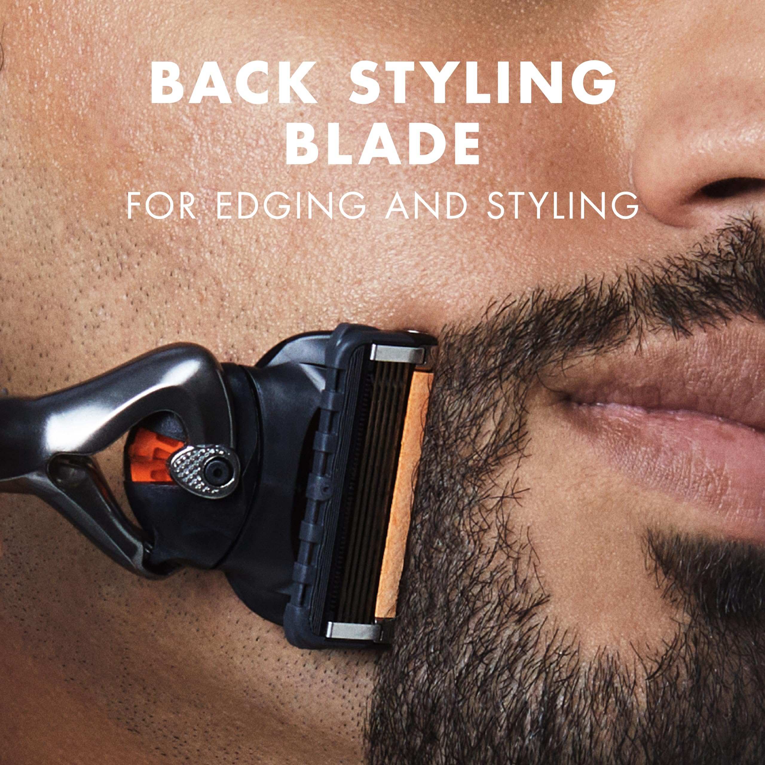 Close up of man styling beard with Gillette Proglide5 razor with 10 blades back styling blade for edging
