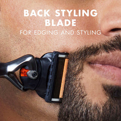 Close up of man styling beard with Gillette Proglide5 razor with 10 blades back styling blade for edging