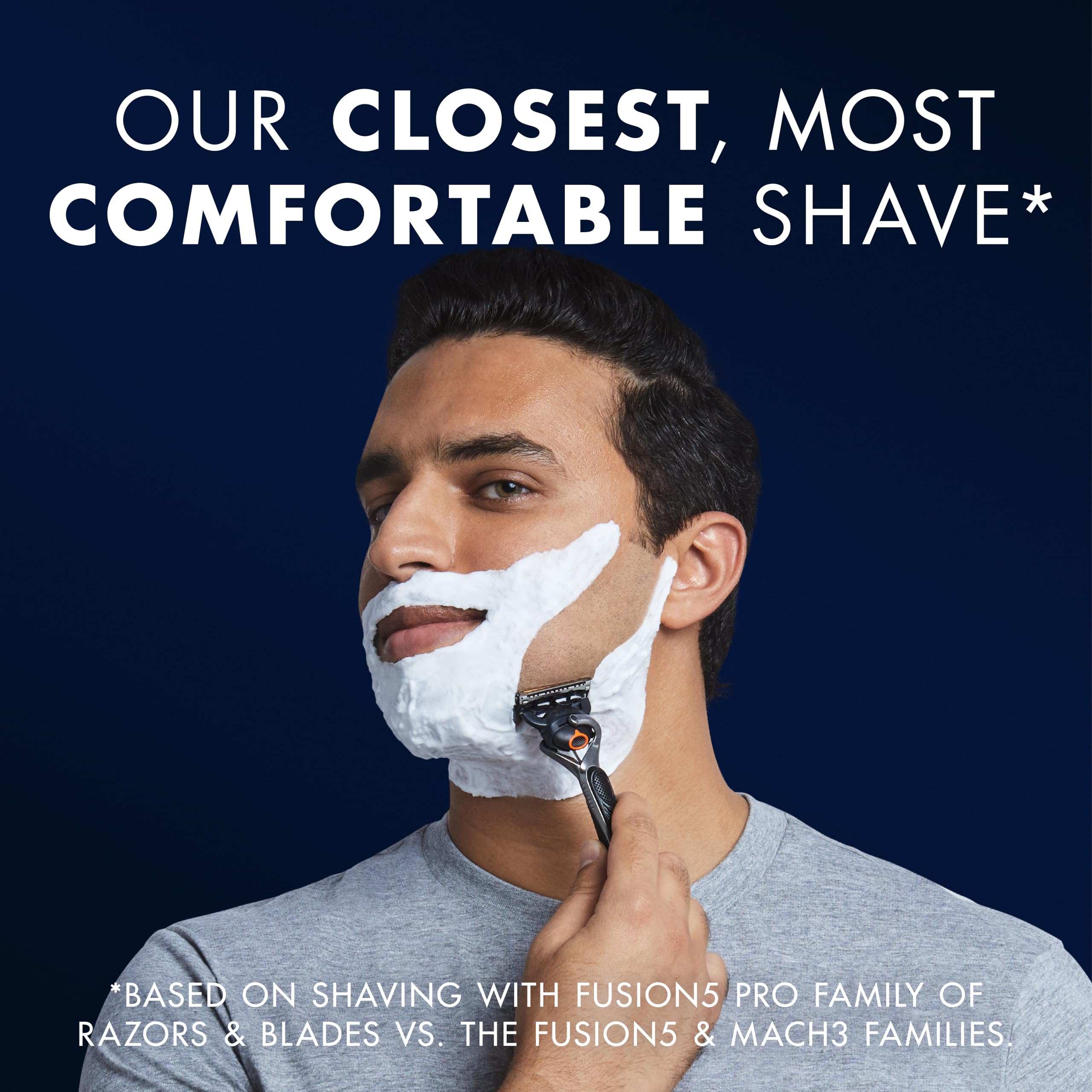 Man shaving with foam using Gillette Proglide5 razor with 10 blades. Close comfortable shave advertisement