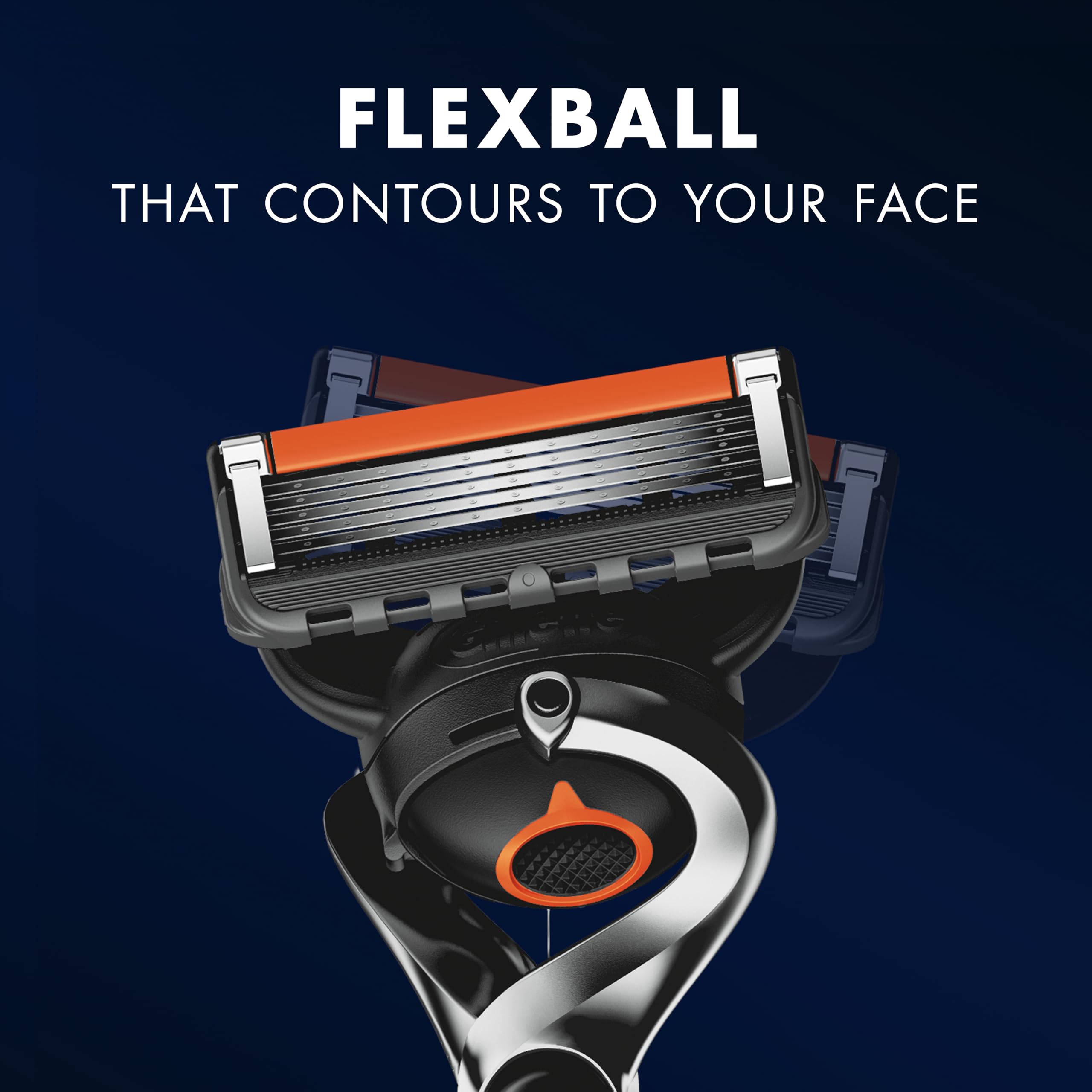 Gillette Proglide5 razor with 10 blades. Close up of black and silver handle with orange accented flexball head