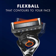 Gillette Proglide5 razor with 10 blades. Close up of black and silver handle with orange accented flexball head