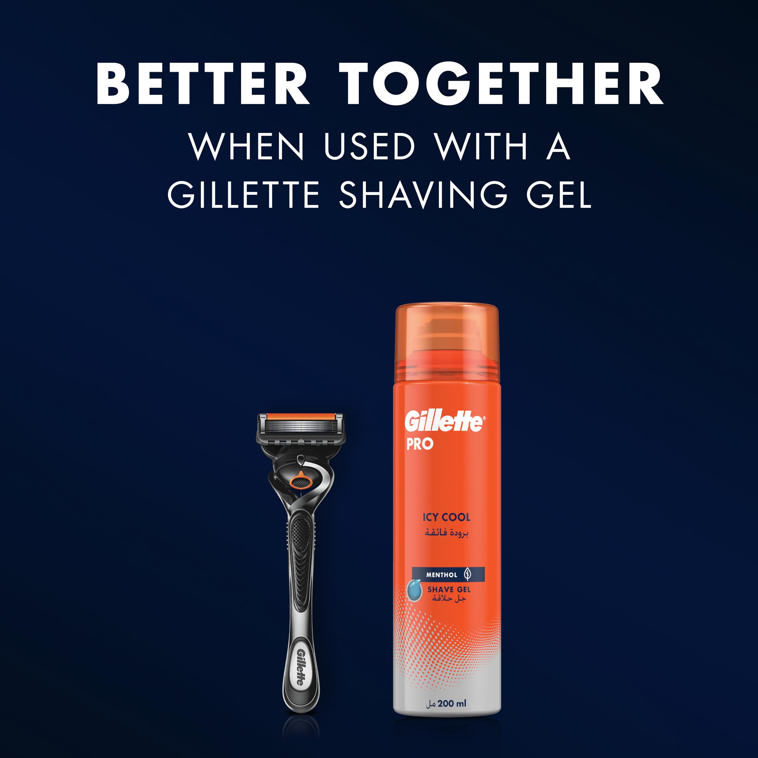 Gillette Proglide5 razor with 10 blades beside Gillette Pro Icy Cool shaving gel can on dark blue background