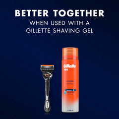 Gillette Proglide5 razor with 10 blades beside Gillette Pro Icy Cool shaving gel can on dark blue background