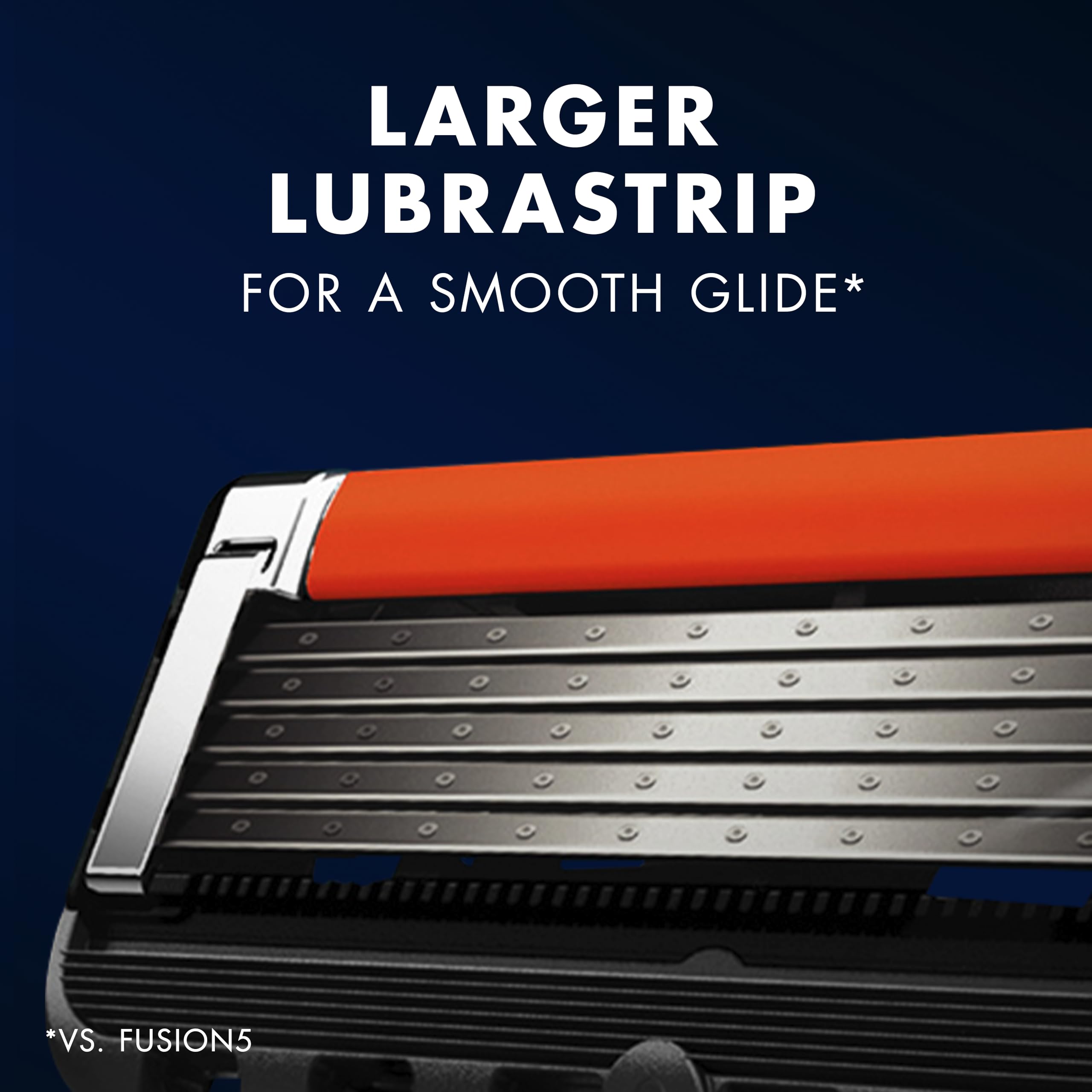 Close up image of Gillette Proglide5 razor with 10 blades showing orange lubrastrip and metal blade cartridge
