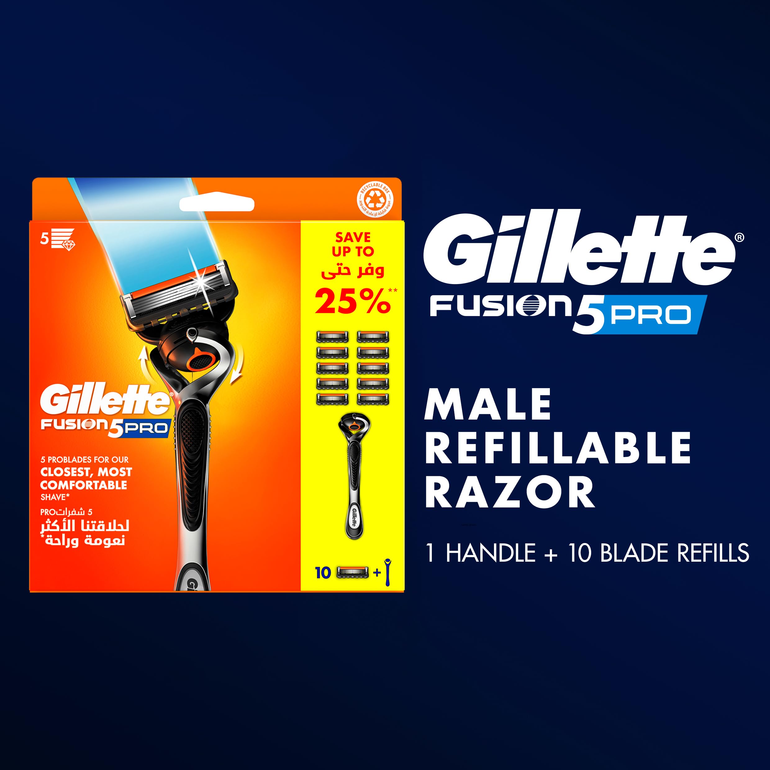 Gillette Proglide5 razor with 10 blades. Fusion5 Pro male refillable razor pack with 1 handle and 10 blade refills