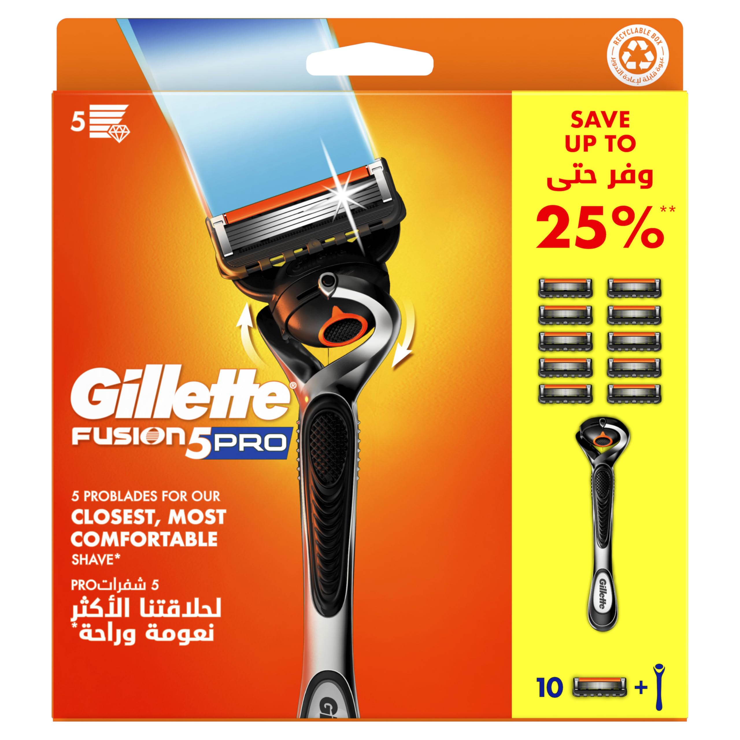 Gillette Proglide5 razor with 10 blades. Orange Fusion5 Pro packaging showing razor handle and ten cartridges