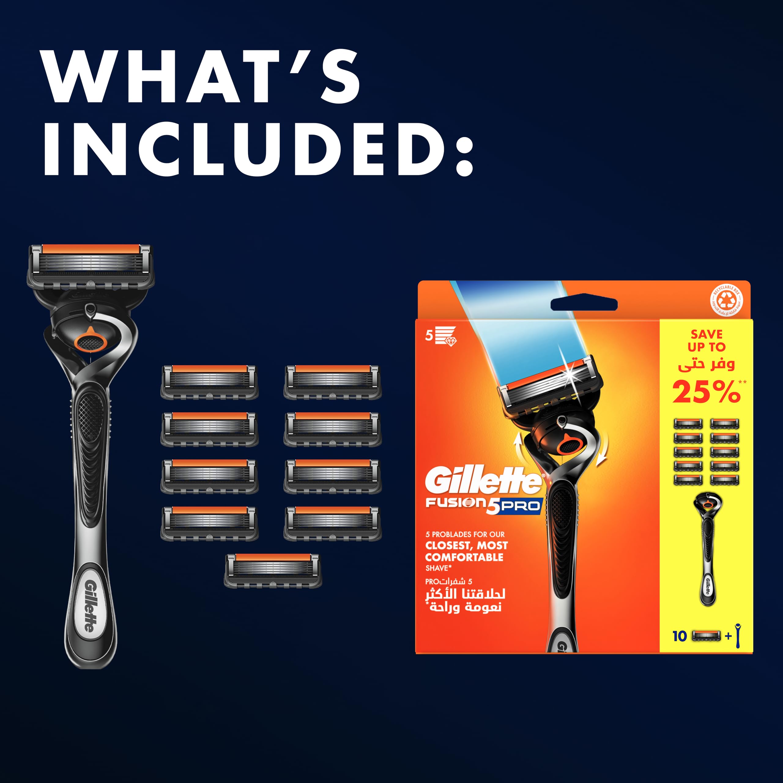 Gillette Proglide5 razor with 10 blades. Gillette Fusion5 Pro handle with ten replacement cartridges